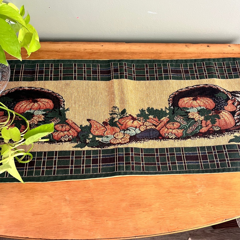 Harvest Cornucopia Woven Tapestry Table Runner Plaid Tassel Fringe 71x13 - Picture 1 of 6